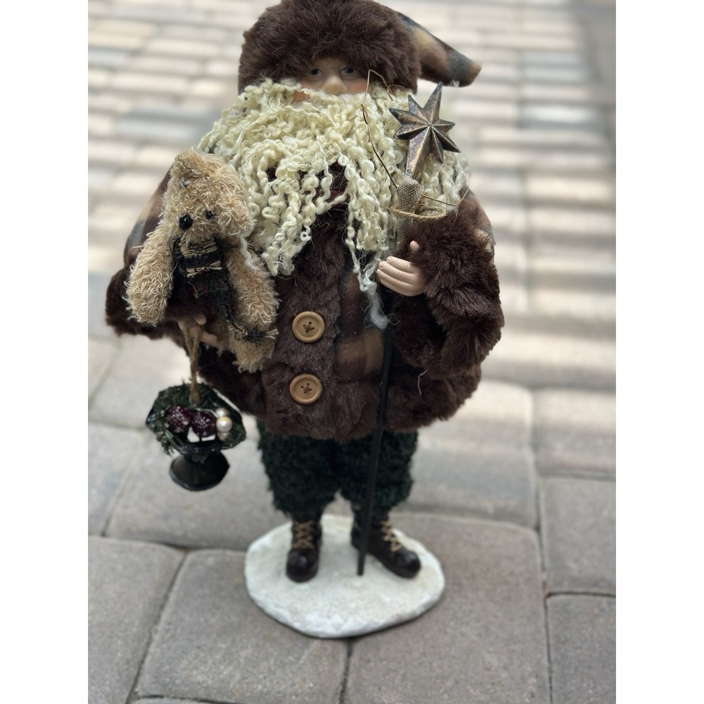 Vintage Woodland Santa Claus Teddy Bear Star Staff Christmas Decor Figurine